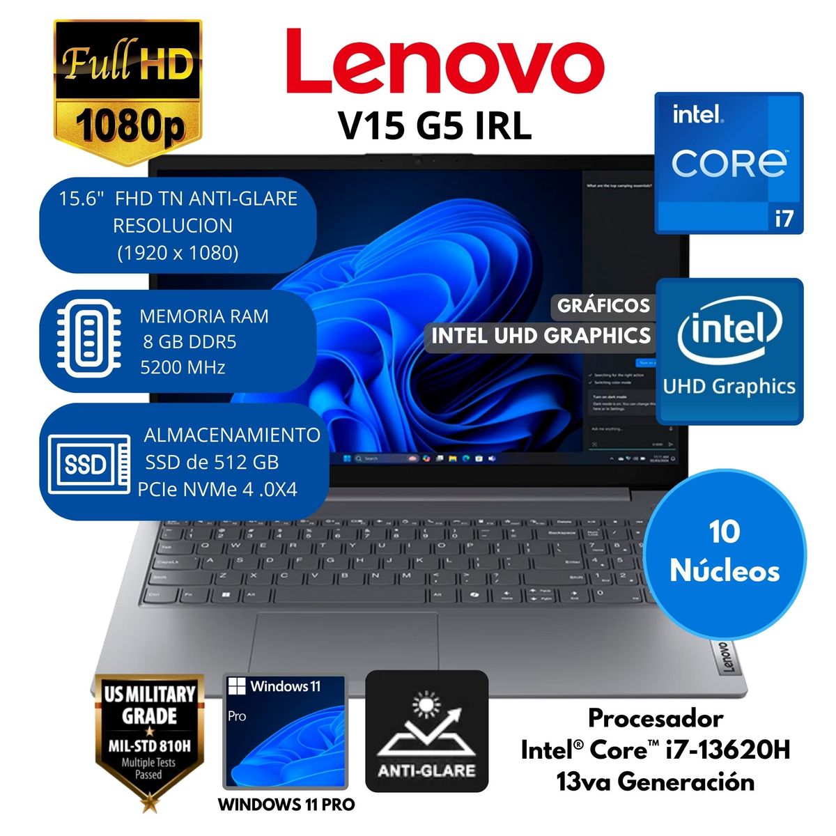 LENOVO - Laptop Lenovo Intel Core i7(V15 G5 IRL) RAM 8 GB SSD 512 GB 15.6" FHD Windows 11