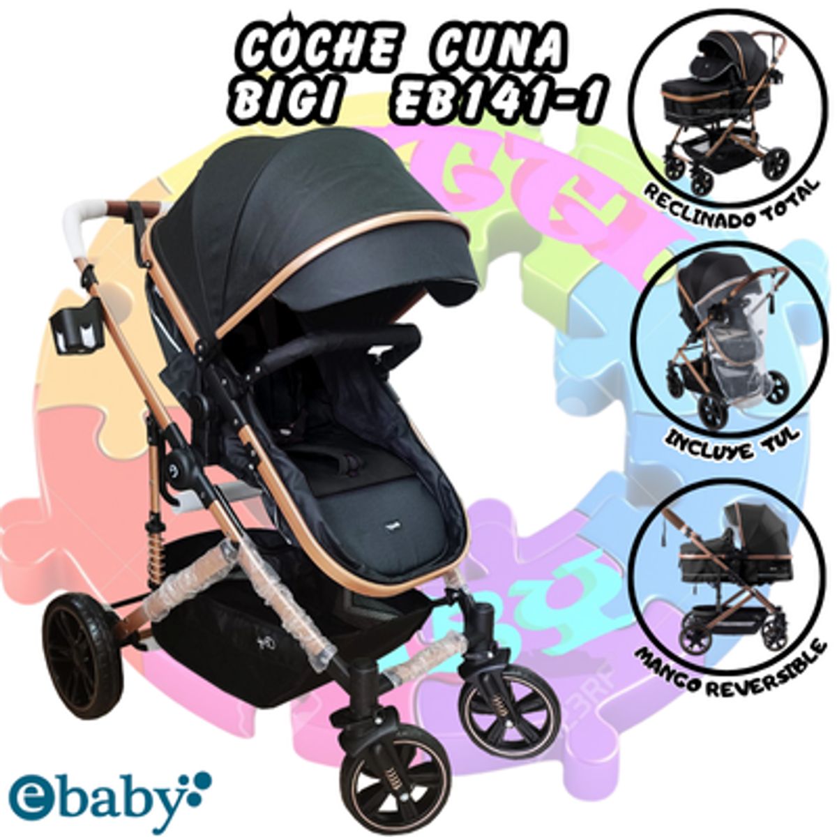 EBABY - COCHE DE PASEO EUROPEO BIGI-EB-141-1-NEW DESIGN-NEGRO