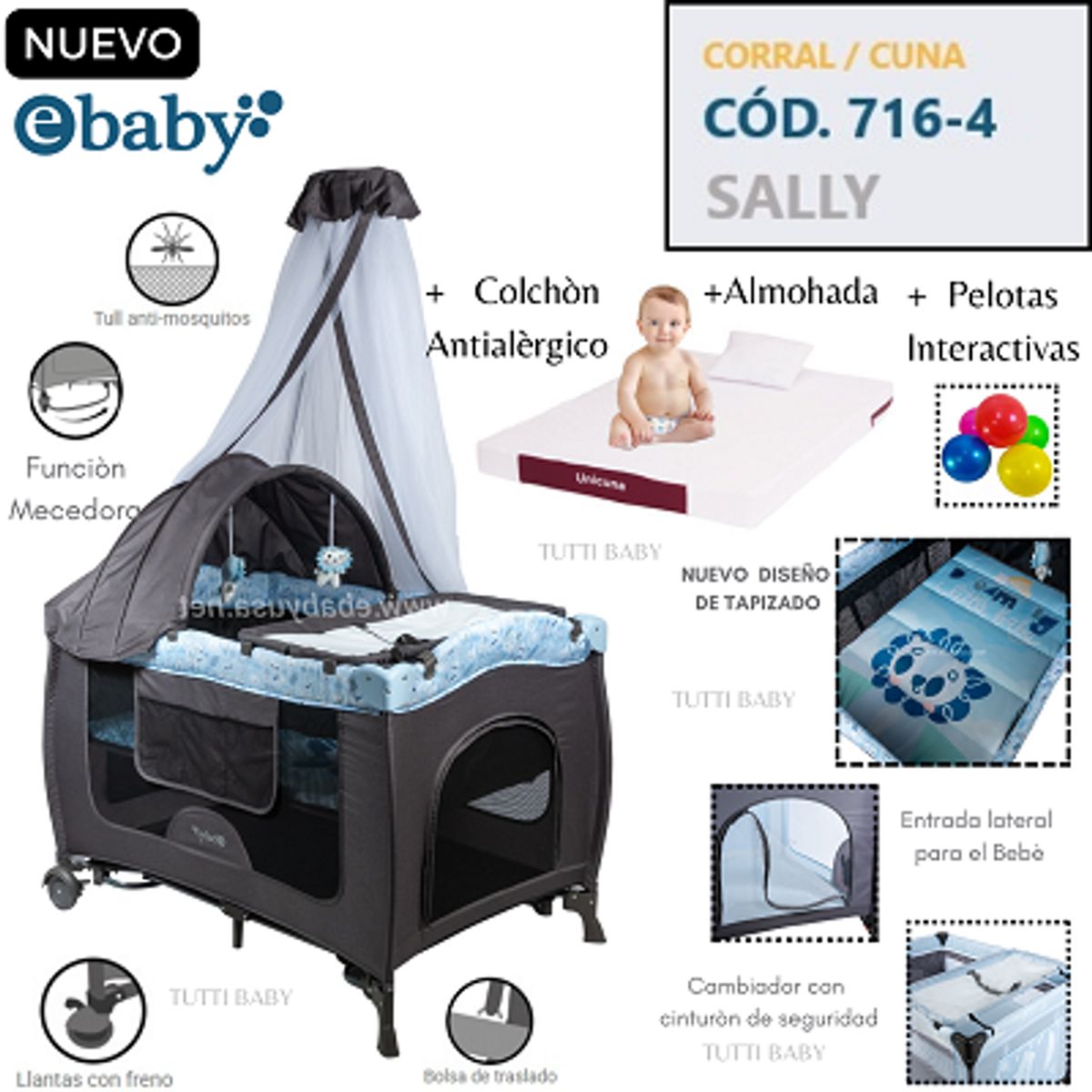 EBABY - CUNA CORRAL CON MECEDORA SALLY 716-4 - AZUL + COLCHON