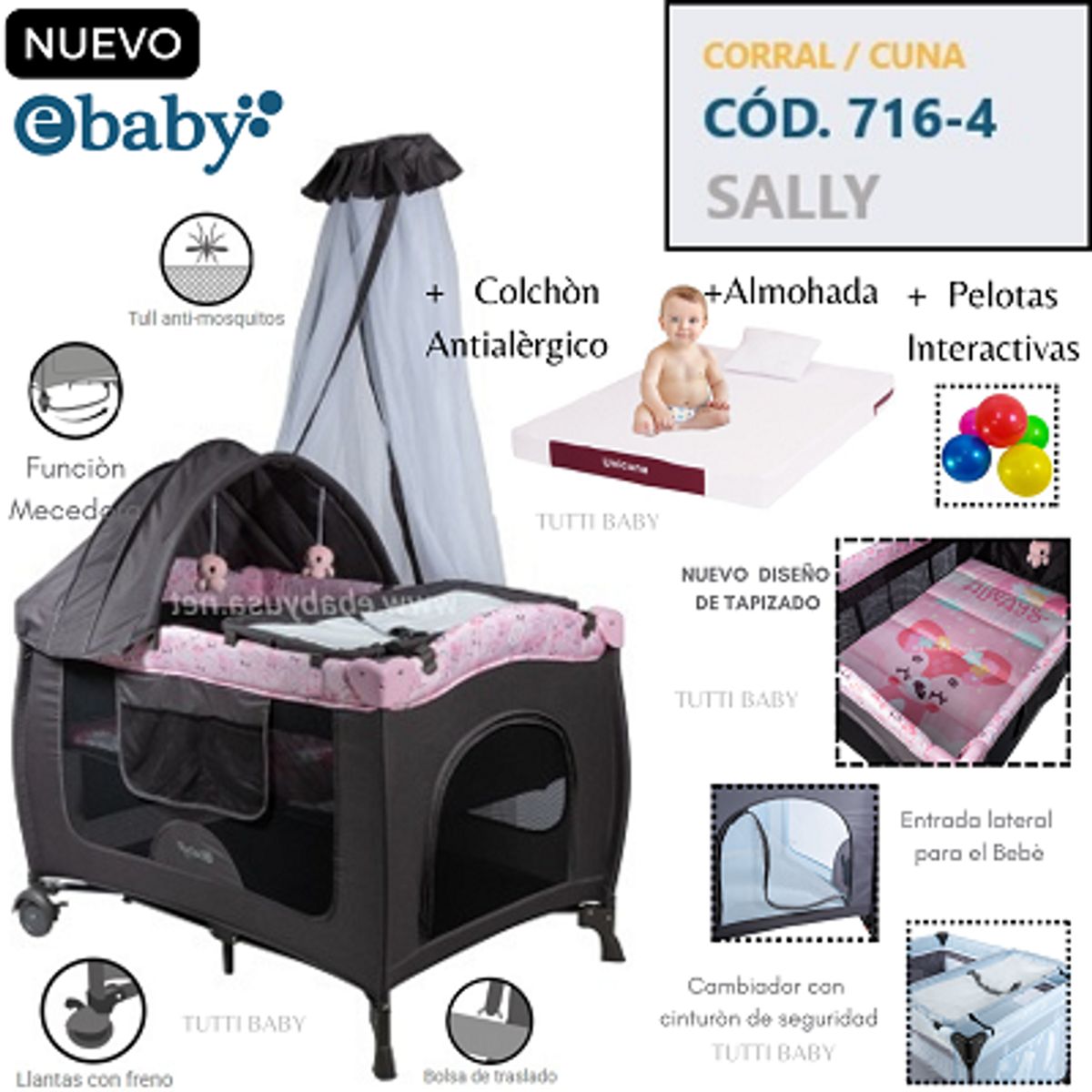 EBABY - CUNA CORRAL CON MECEDORA SALLY 716-4 - ROSADO + COLCHON
