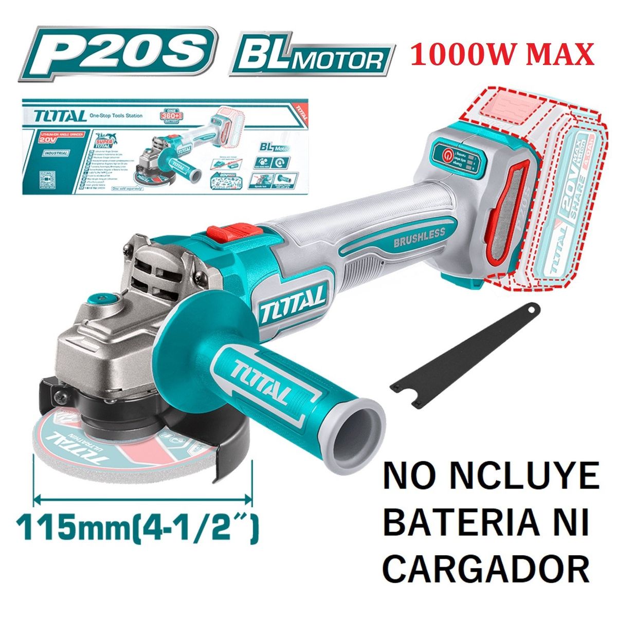 TOTAL TOOLS - Amoladora Angular 4½ Pulgadas Inalámbrica A Batería 20v - Sin Carbones