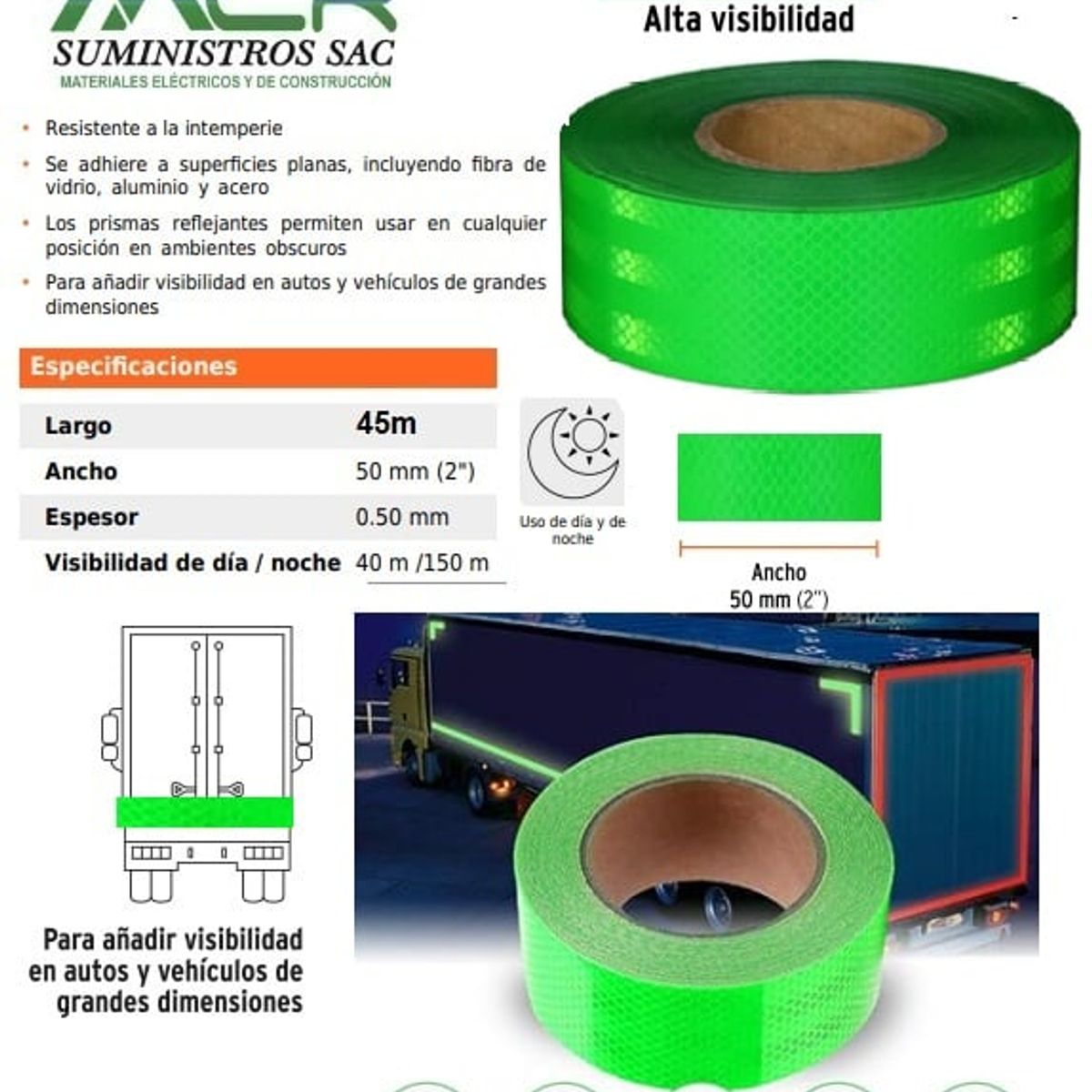 GENERICO - Cinta reflectiva reflejante verde limon fluorescente 45 m para autos, camiónes