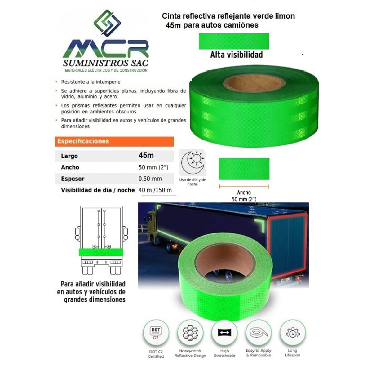 GENERICO - Cinta reflectiva reflejante verde limon fluorescente 45 m para autos, camiónes