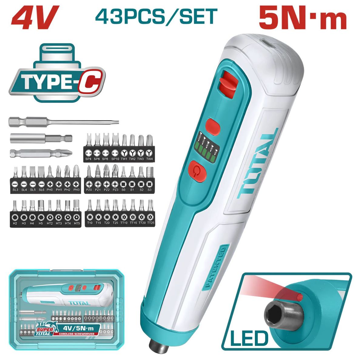 TOTAL TOOLS - Destornillador 4v Hex ¼ 240rpm Torque 5nm + Estuche - TSDLI04062