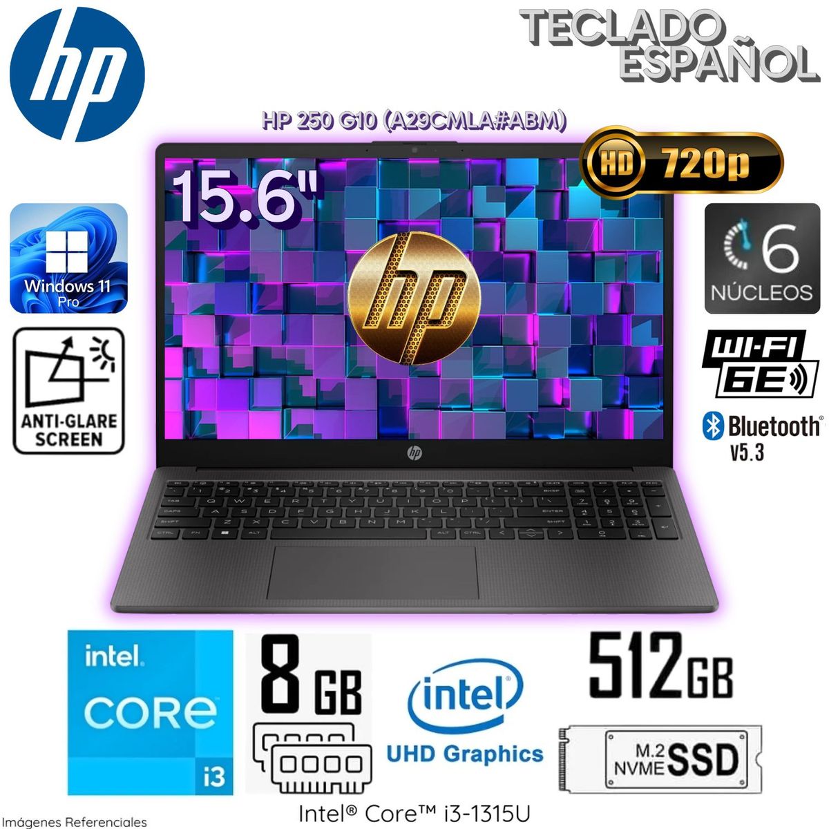 HP - Laptop HP 250 G10 Intel Core i3-1315U 8GB RAM 512GB SSD 15.6" HD WIN11 - A29CMLA