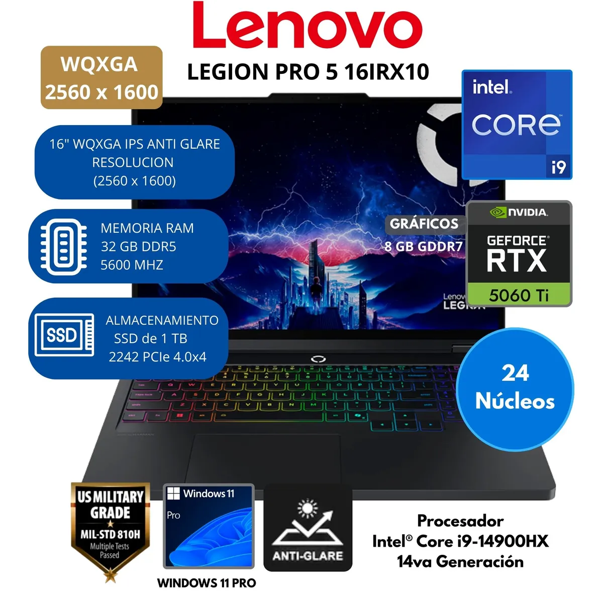 LENOVO - Laptop Lenovo Intel® Core i9 (Legion Pro 5 16IRX10) RAM 32 GB SSD 1 TB 16" WQXGA IPS Windows 11 PRO