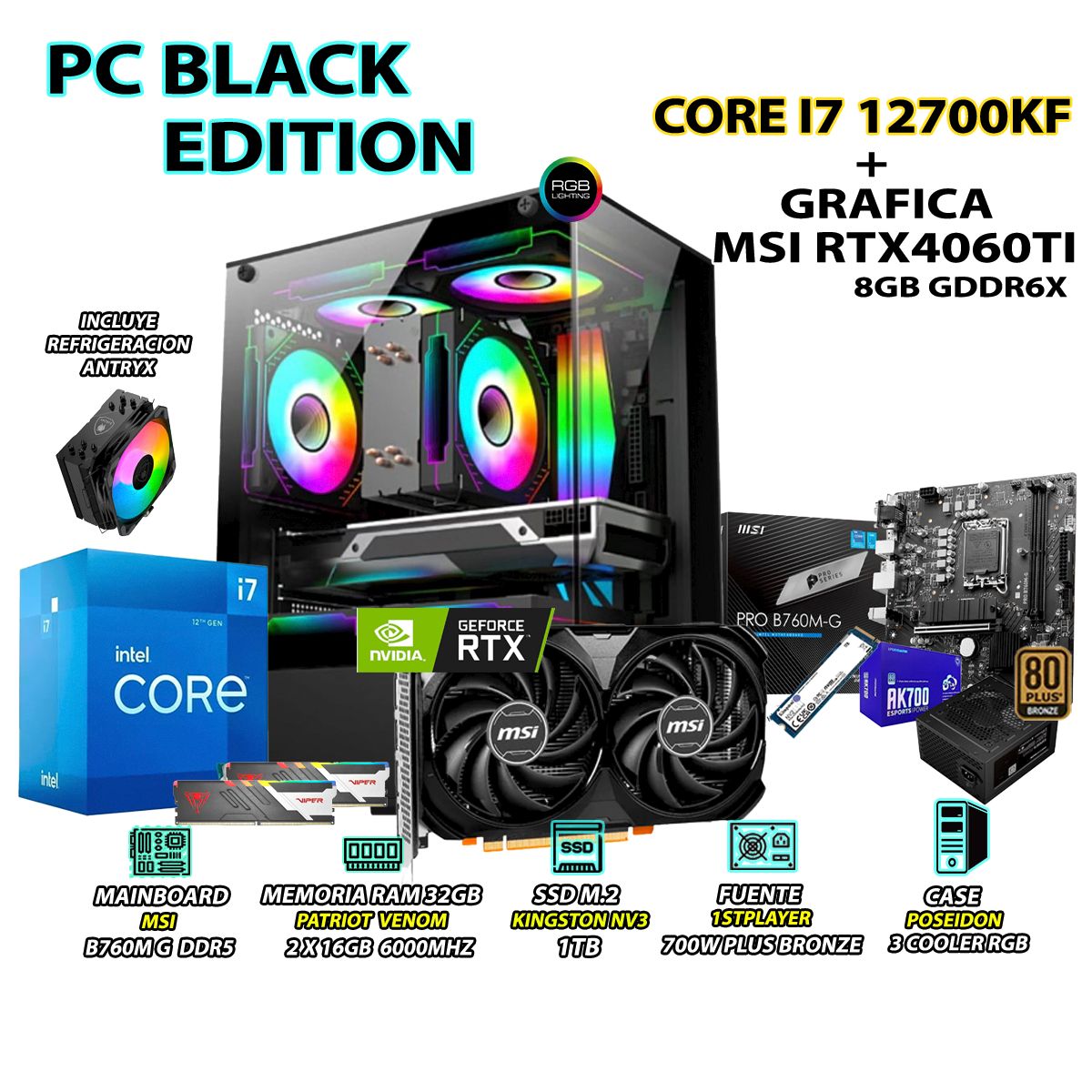 INTEL - Computadora PC Gamer Core i7 12700KF RAM 32GB SSD 1TB GRAFICA RTX 4060TI 8GB