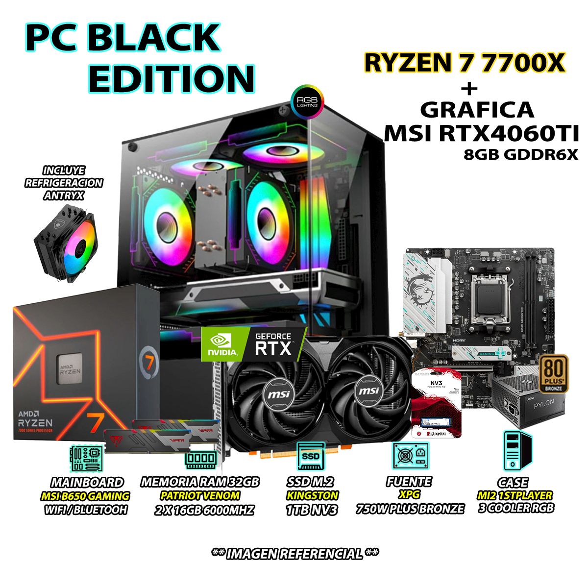 INTEL - Computadora PC Gamer RYZEN 7 7700X RAM 32GB DDR5 SSD 1TB GRAFICA RTX 4060TI 8GB