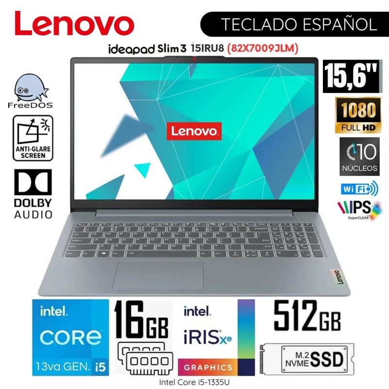 LENOVO - Laptop Lenovo Ideapad Slim 3 15IRU8 Intel Core i5-1335U 16GB RAM 512GB SSD 15.6" FHD - 82X7009JLM