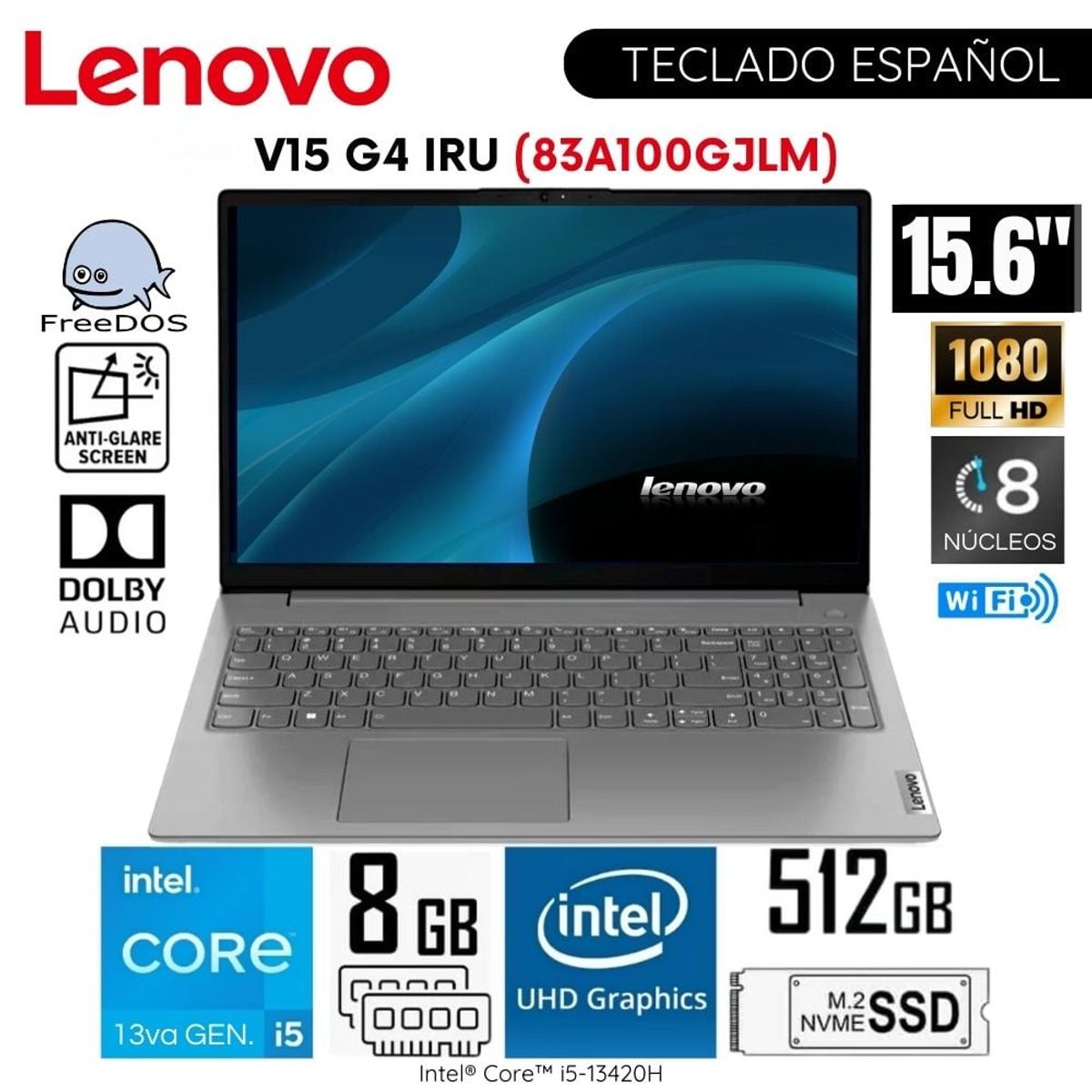 LENOVO - Laptop Lenovo V15 G4 IRU Intel Core i5-13420H 8GB Ram 512GB SSD 156″ FHD 83A100GJLM FreeDOS