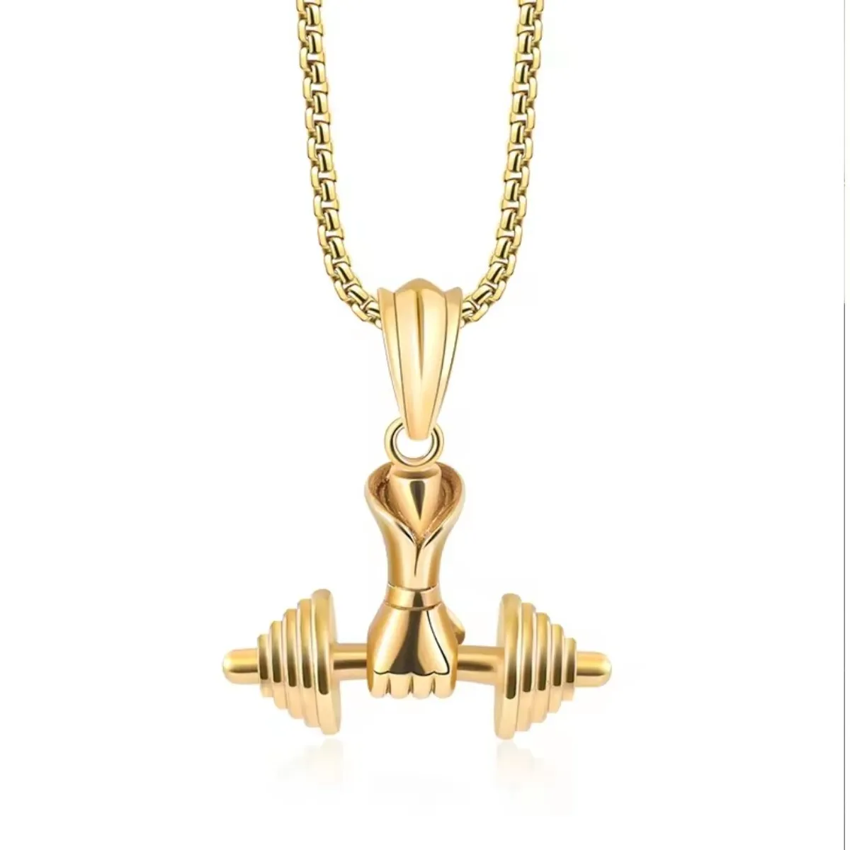 GENERICO - Collar Pendiente Mancuerna Mano Hombre Gym Fit Dorado