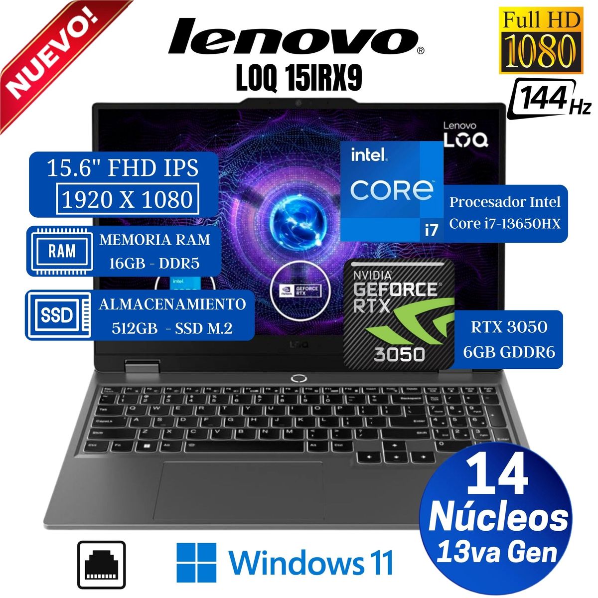 LENOVO - Laptop Lenovo LOQ 16IRX9 15.6” FHD IPS, Core i7-13650HX, Ram 16GB, Ssd 512GB, Rtx 3050, Win 11