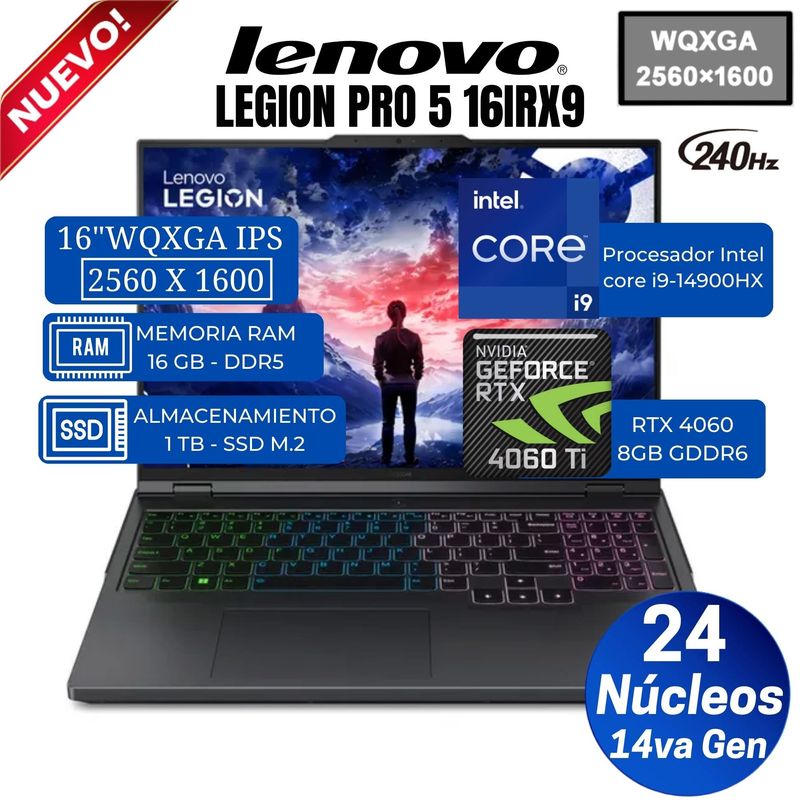 LENOVO - Laptop Lenovo Legion Pro 5 16IRX9 16” WQXGA, Core i9-14900HX, Ram 16GB, Ssd 1 TB, Rtx 4060, Free Dos