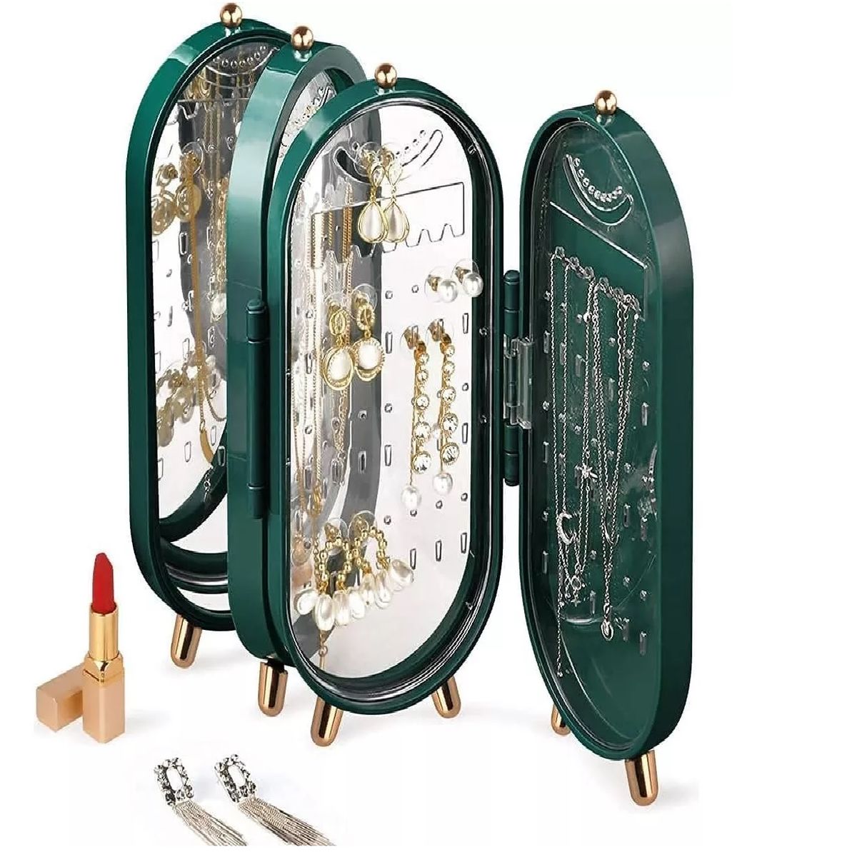 GENERICO - Organizador Joyero Plegable Con Espejo De 4 Cuerpos - Verde