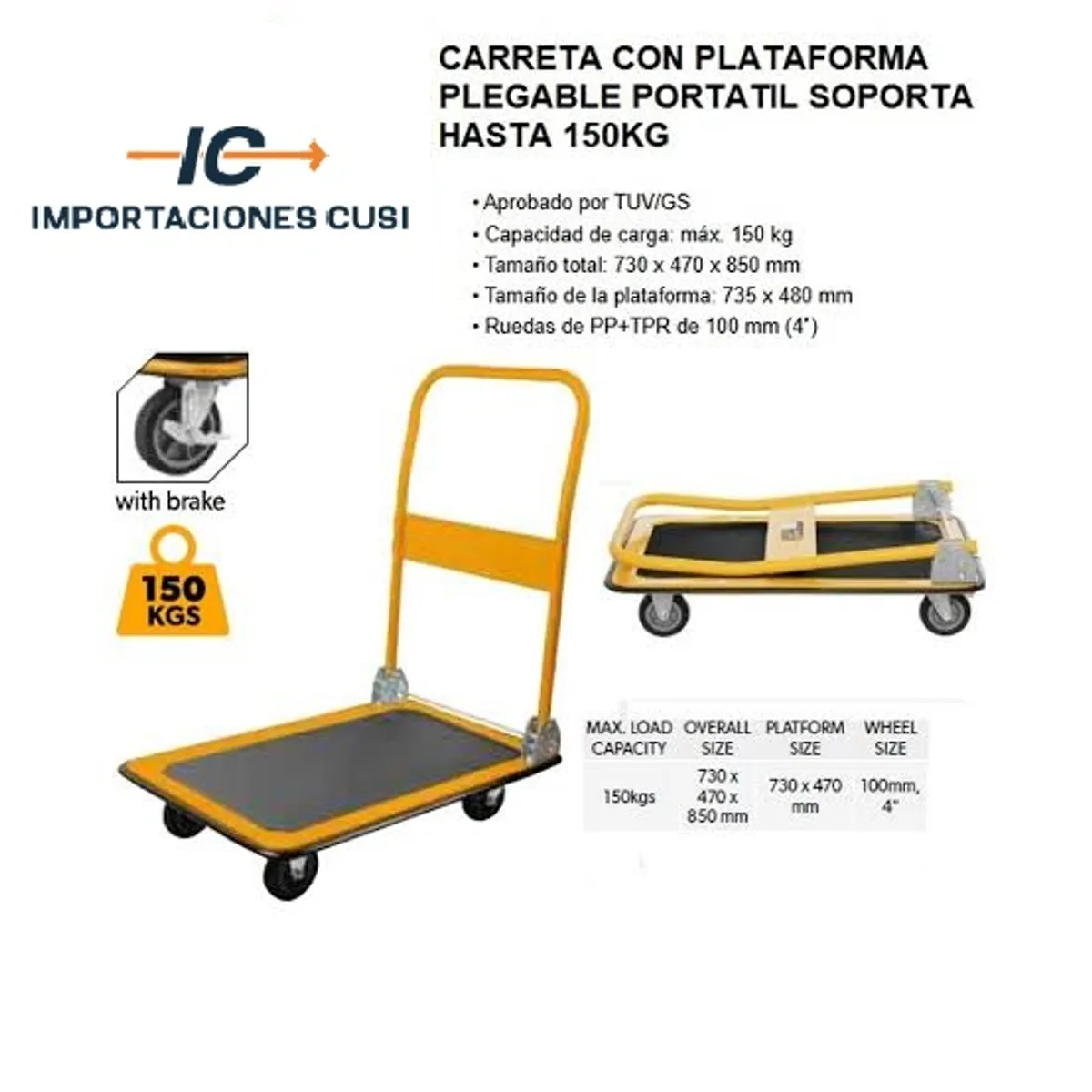 TOLSEN - Carro de Carga Plataforma Plegable (base metálica) 150 Kg.