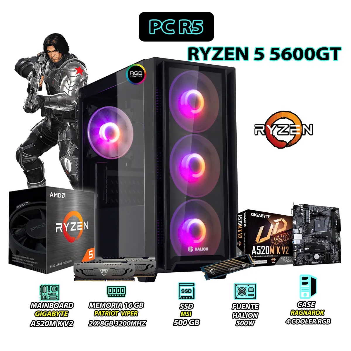 AMD - Computadora PC Ryzen 5 5600GT RAM 16GB DISCO SSD 500GB CON GRAFICOS AMD RADEON