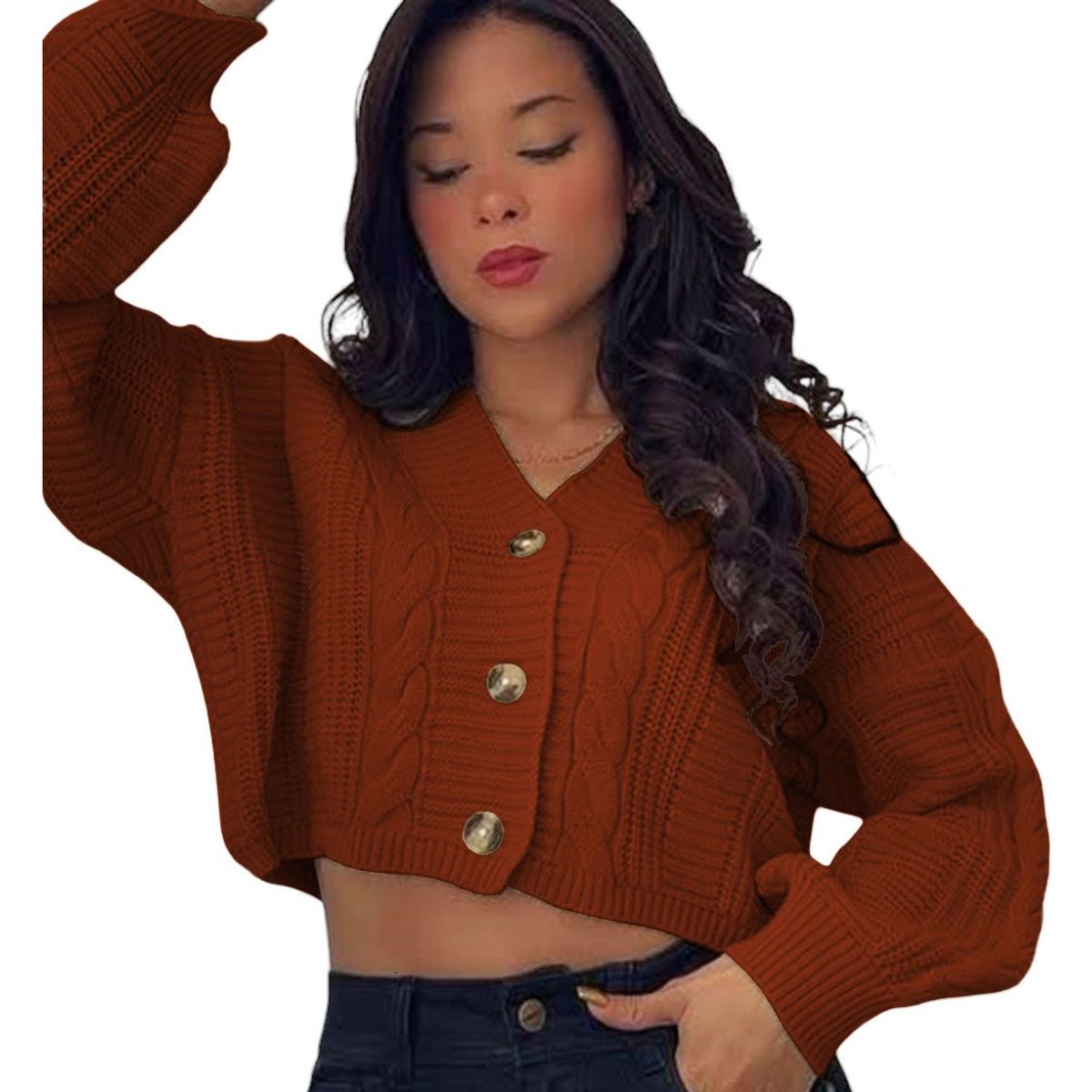 GENERICO - Chompa Mujer Hilo Trensa 359G-23 Color Camel