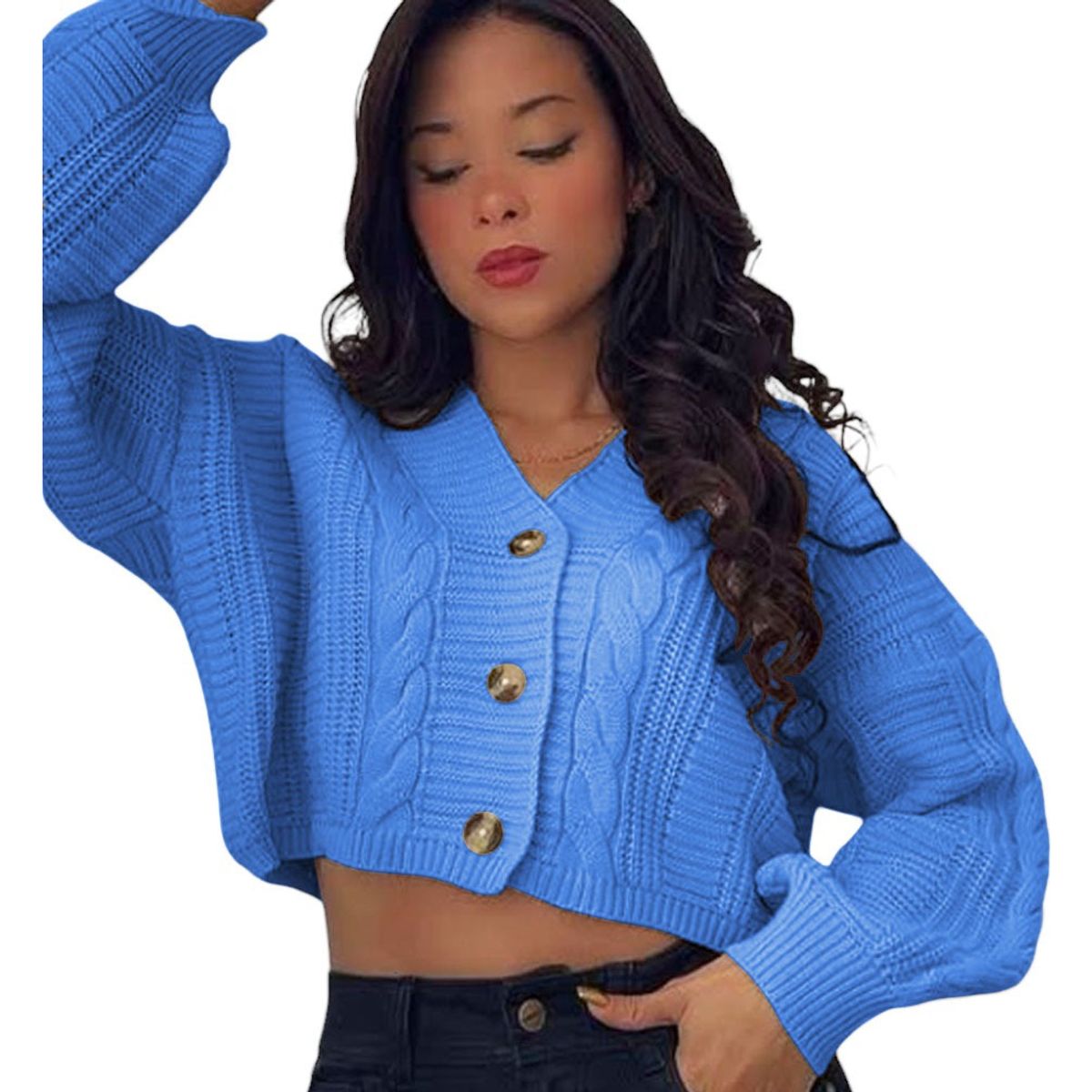 GENERICO - Chompa Mujer Hilo Trensa 359G-23 Color Celeste