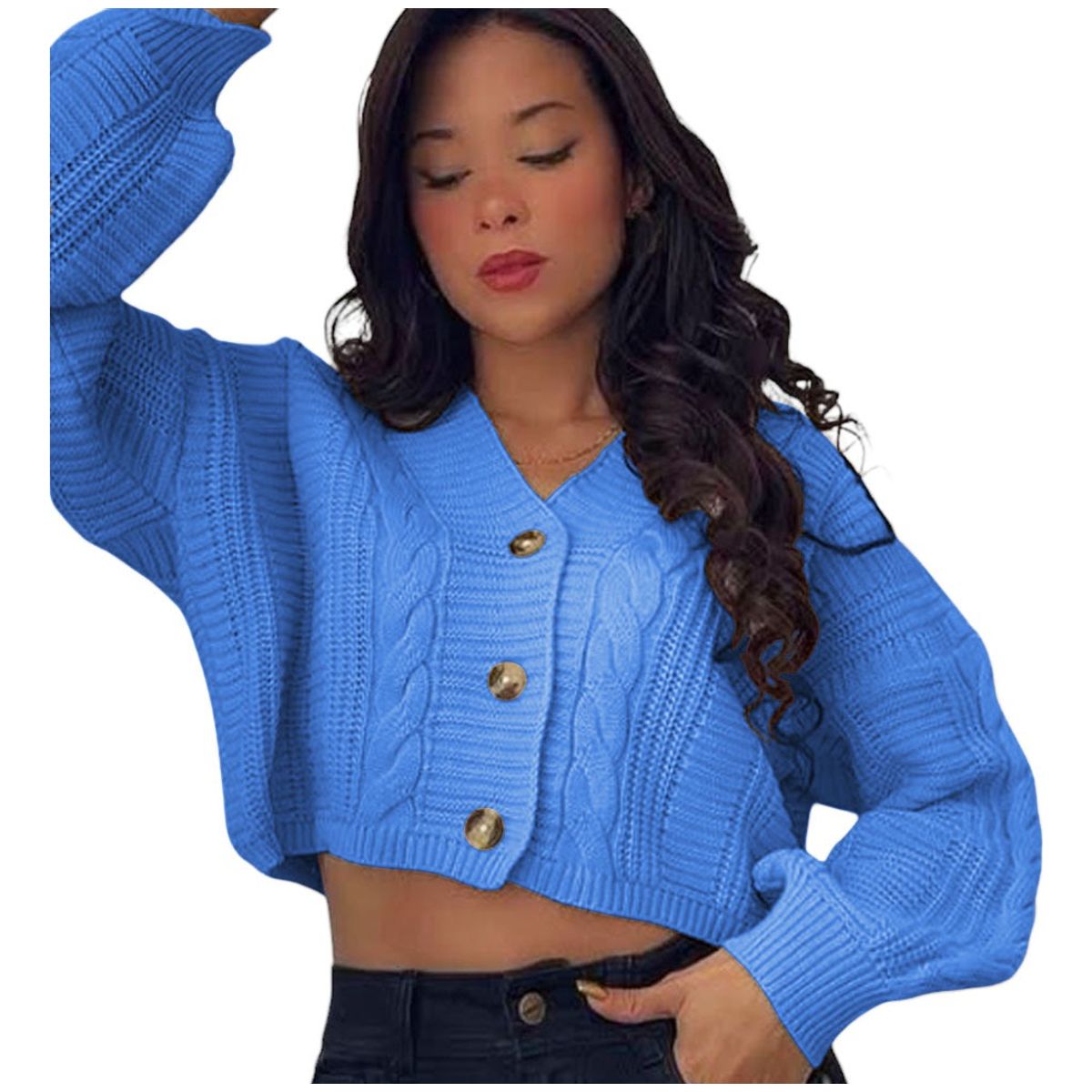 GENERICO - Chompa Mujer Hilo Trensa 359G-23 Color Celeste