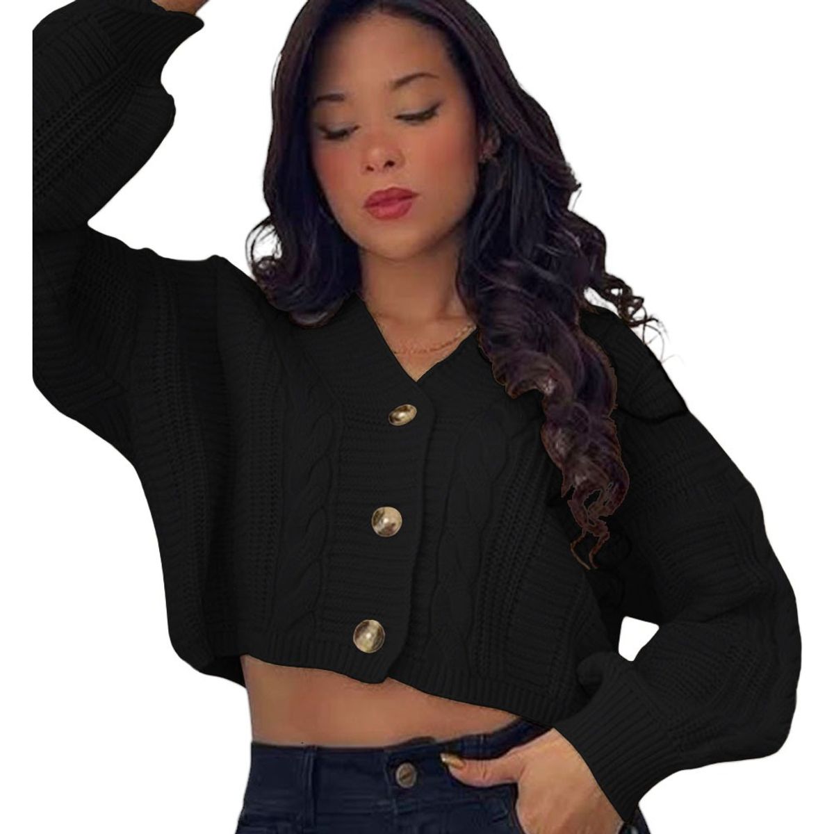 GENERICO - Chompa Mujer Hilo Trensa 359G-23 Color Negro