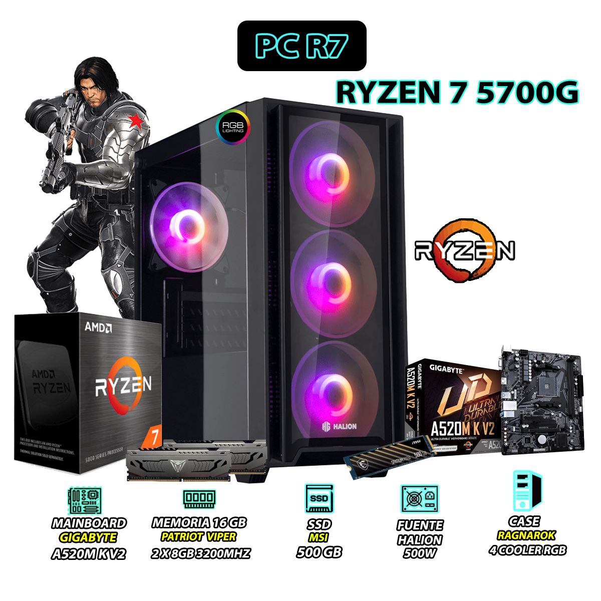 AMD - Computadora PC Ryzen 7 5700G RAM 16GB DISCO SSD 500GB CON GRAFICOS AMD RADEON