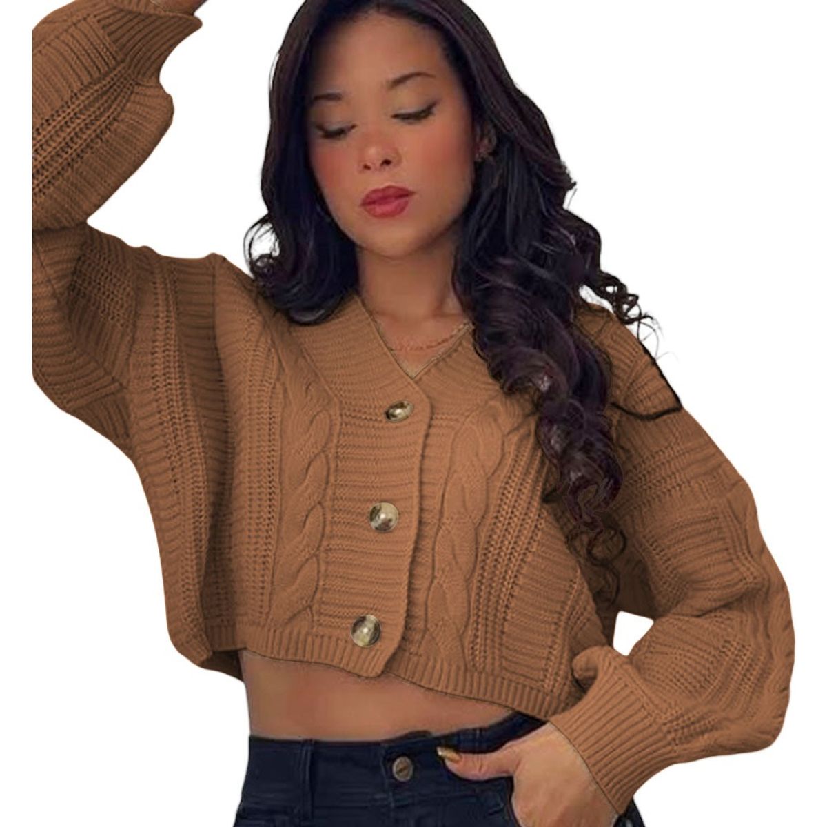 GENERICO - Chompa Mujer Hilo Trensa 359G-23 Color Caramelo