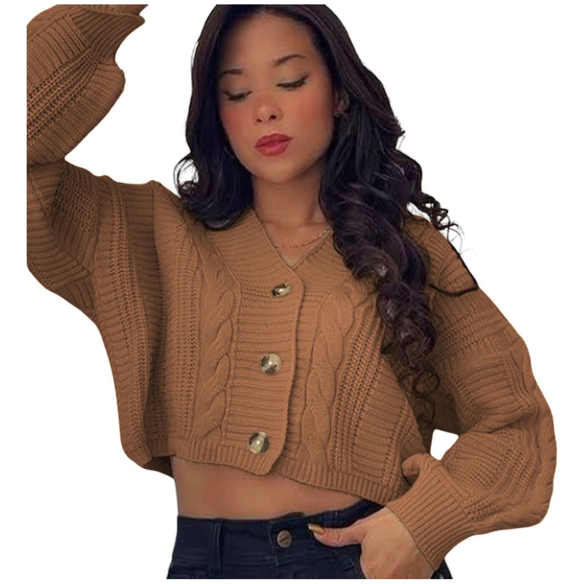 GENERICO - Chompa Mujer Hilo Trensa 359G-23 Color Caramelo