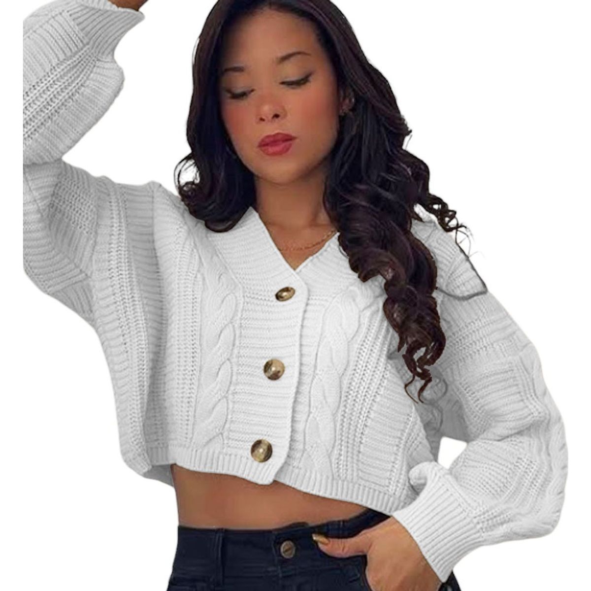 GENERICO - Chompa Mujer Hilo Trensa 359G-23 Color Perla