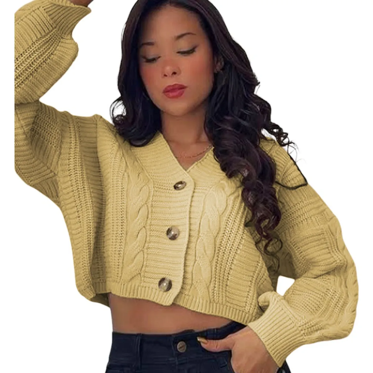 GENERICO - Chompa Mujer Hilo Trensa 359G-23 Color Vainilla