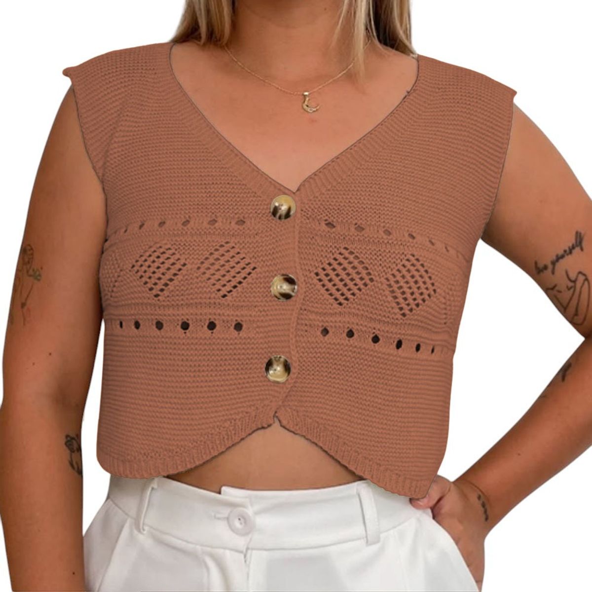 GENERICO - Sueter Mujer Hilo Americano Manga Cero 359G-17 Color Caramelo