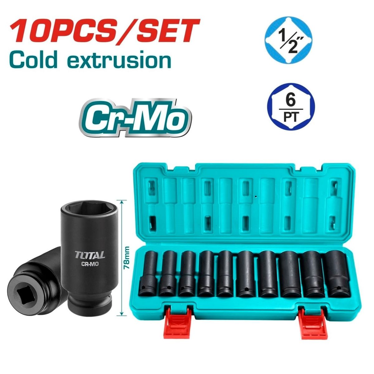 TOTAL TOOLS - Juego De 10pcs Dados Tubulares Largos De Impacto ½ - THKISD12102L