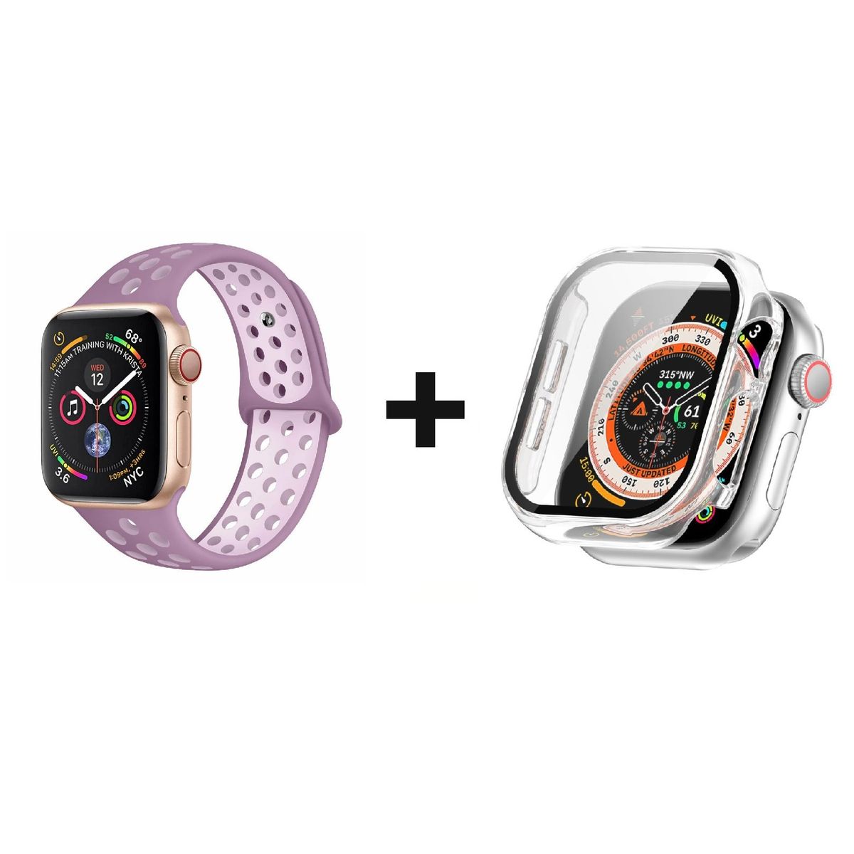 GENERICO - CORREA SILICON MORADO 38 MM + BUMPER PARA APPLE WATCH TRANSPARENTE