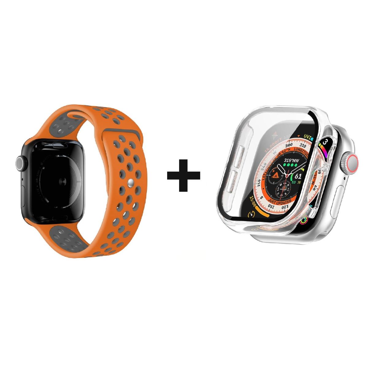 GENERICO - CORREA SILICON NARANJA 38 MM + BUMPER PARA APPLE WATCH TRANSPARENTE