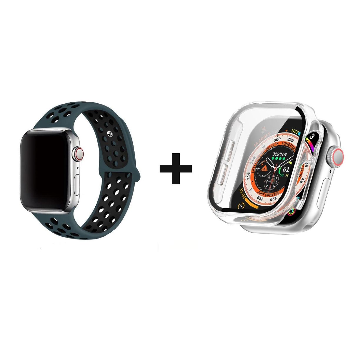 GENERICO - CORREA SILICON VERDE OSCURO 38 MM + BUMPER PARA APPLE WATCH TRANSPARENTE