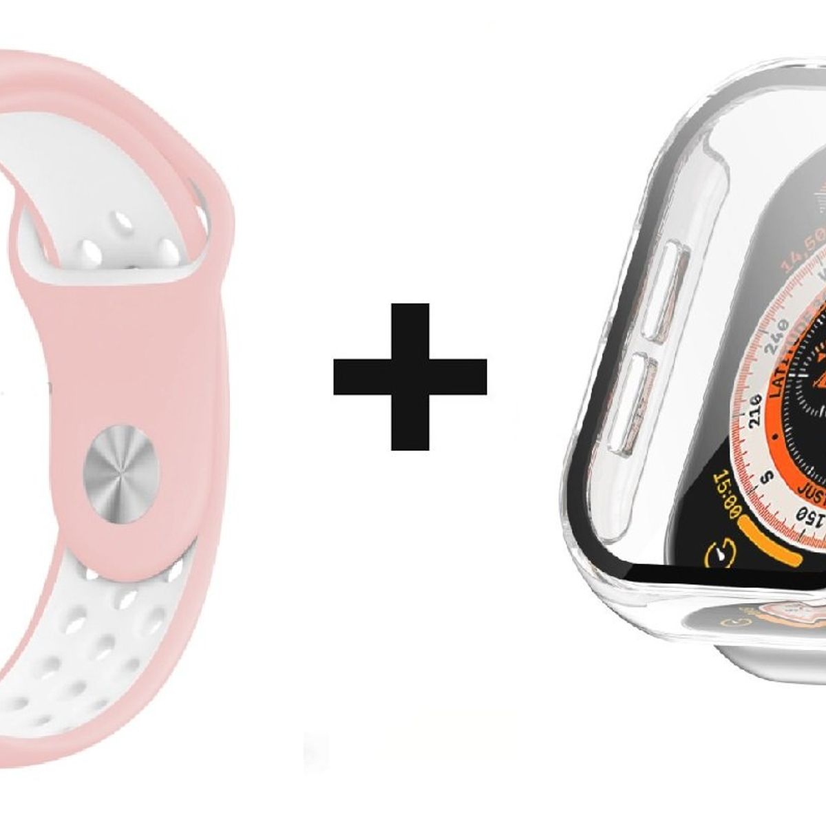 GENERICO - CORREA SILICON ROSADO/BLANCO 38 MM + BUMPER PARA APPLE WATCH TRANSPARENTE