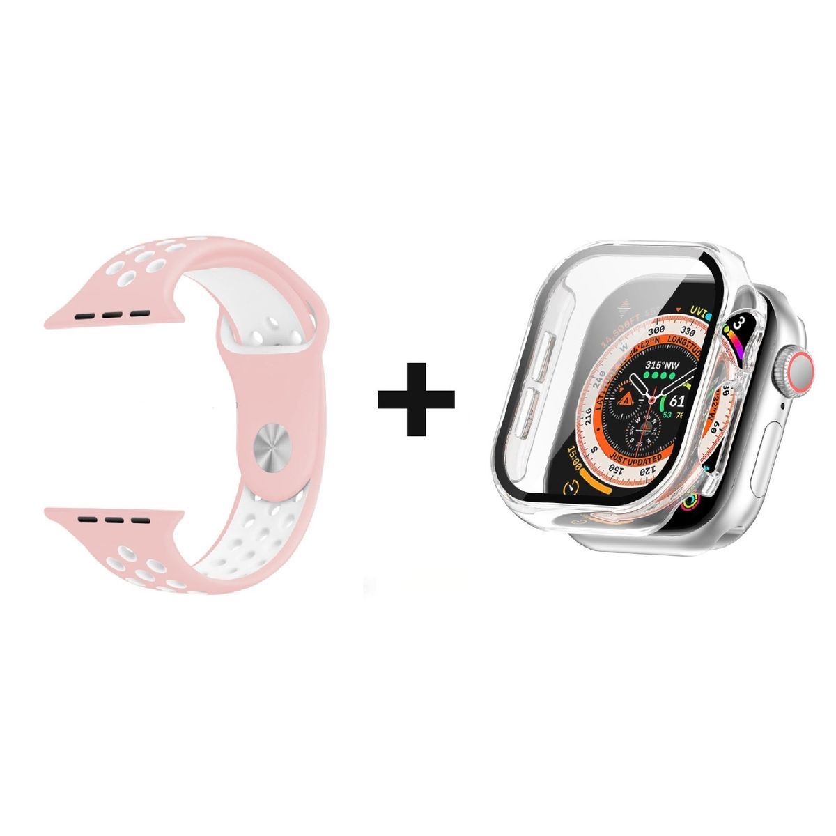 GENERICO - CORREA SILICON ROSADO/BLANCO 38 MM + BUMPER PARA APPLE WATCH TRANSPARENTE