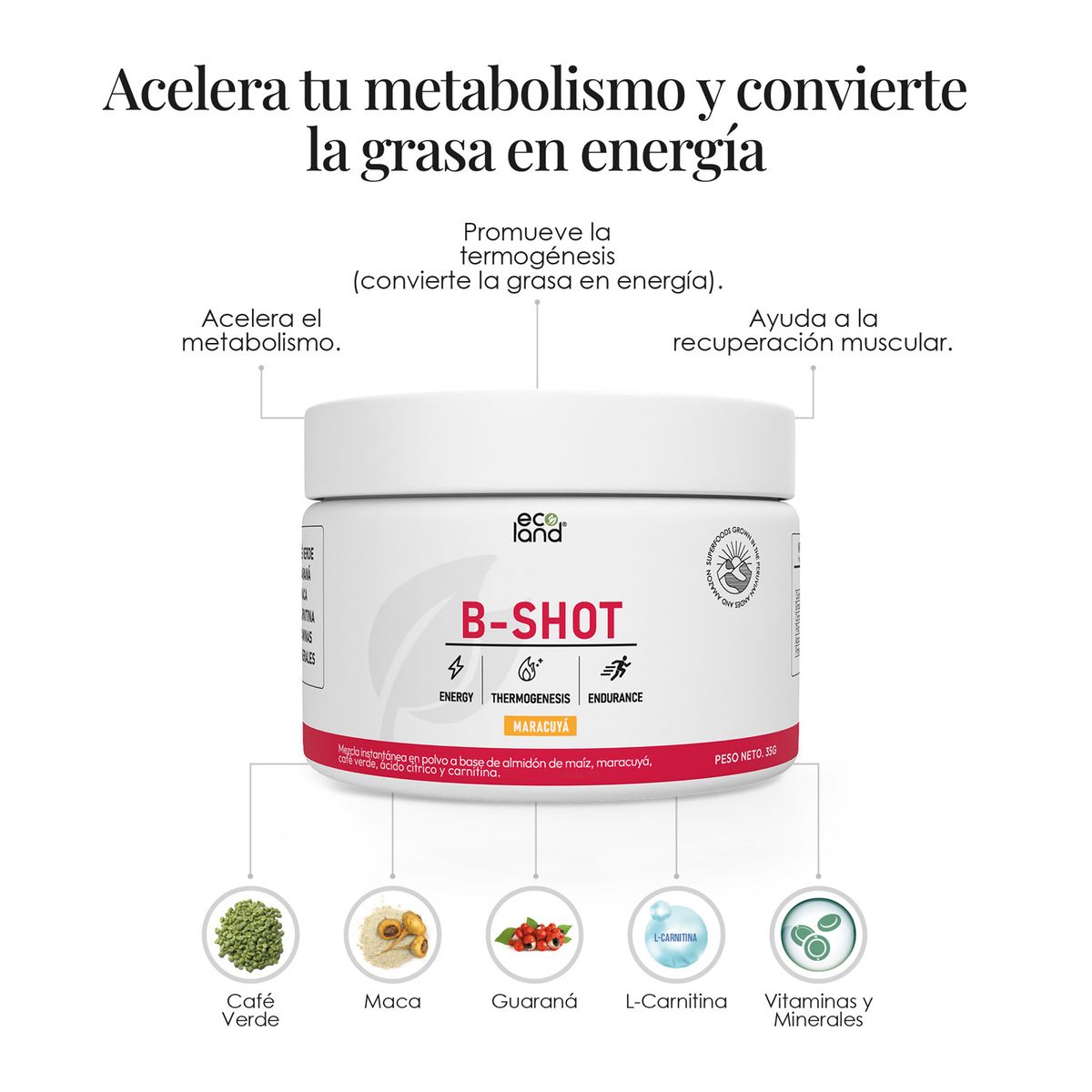 ECOLAND - B-SHOT- QUEMADOR DE GRASA- POMO 35G MARACUYÁ