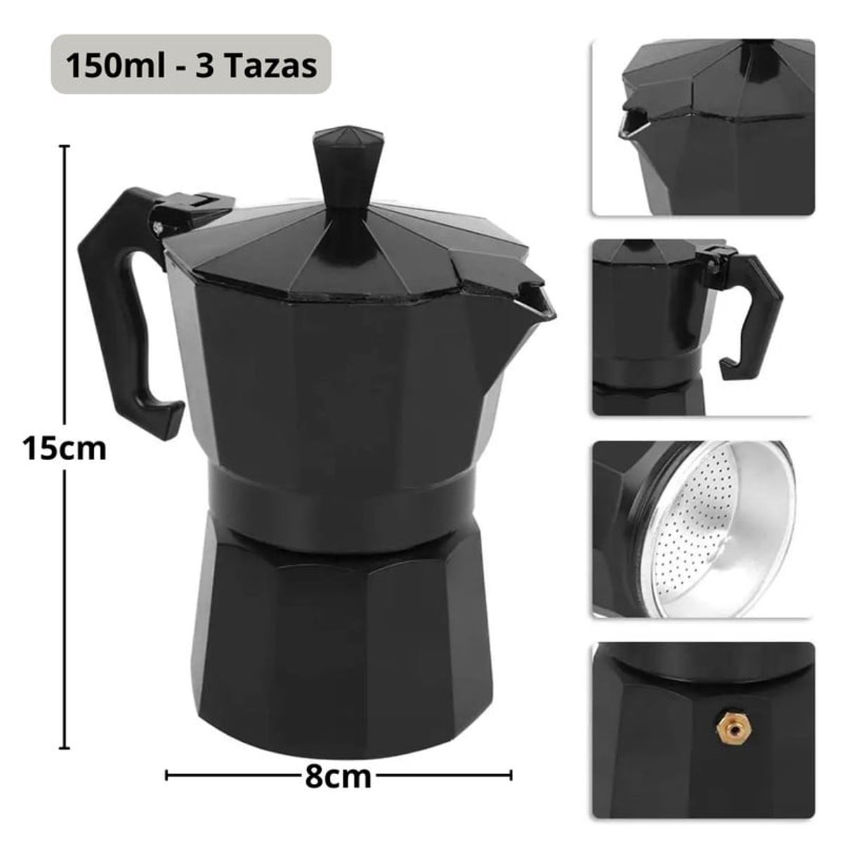 PENTHA - Cafetera Moka Italiana Café Espresso 3 Tazas - 150ml Negro