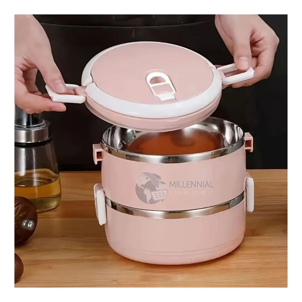 GENERICO - Lonchera Térmica De Doble Compartimiento Portátil de 1.4 Litros Rosado