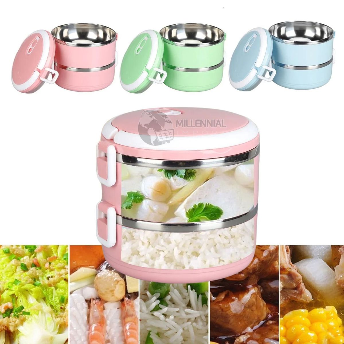 GENERICO - Lonchera Térmica De Doble Compartimiento Portátil de 1.4 Litros Rosado