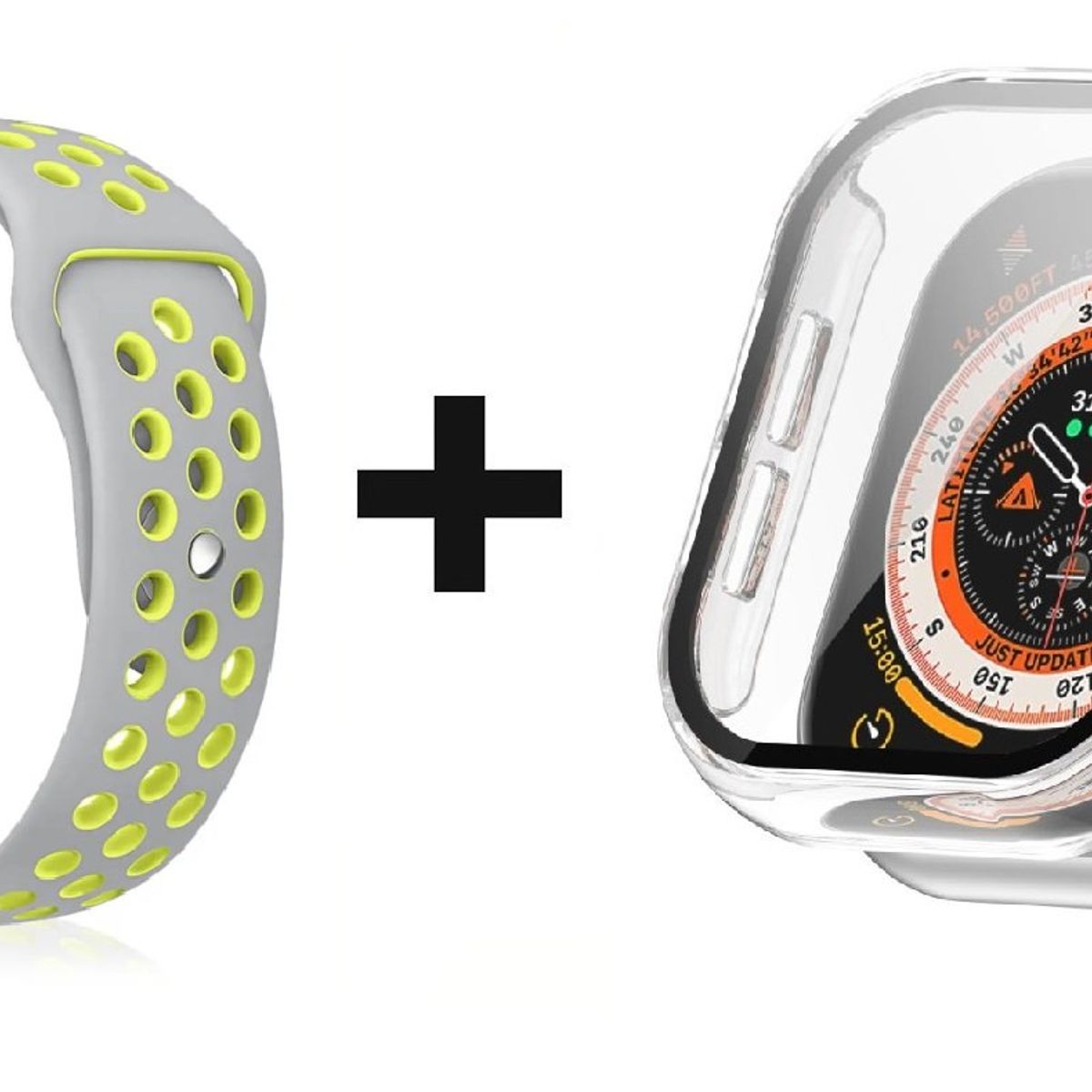 GENERICO - CORREA SILICON GRIS/VERDE 38 MM + BUMPER PARA APPLE WATCH TRANSPARENTE