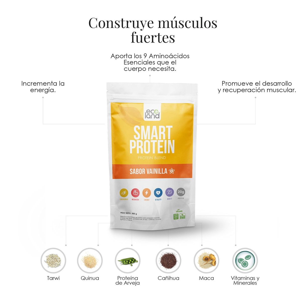 ECOLAND - SMART PROTEIN- PROTEINA VEGETAL- DOYPACK 500G VAINILLA