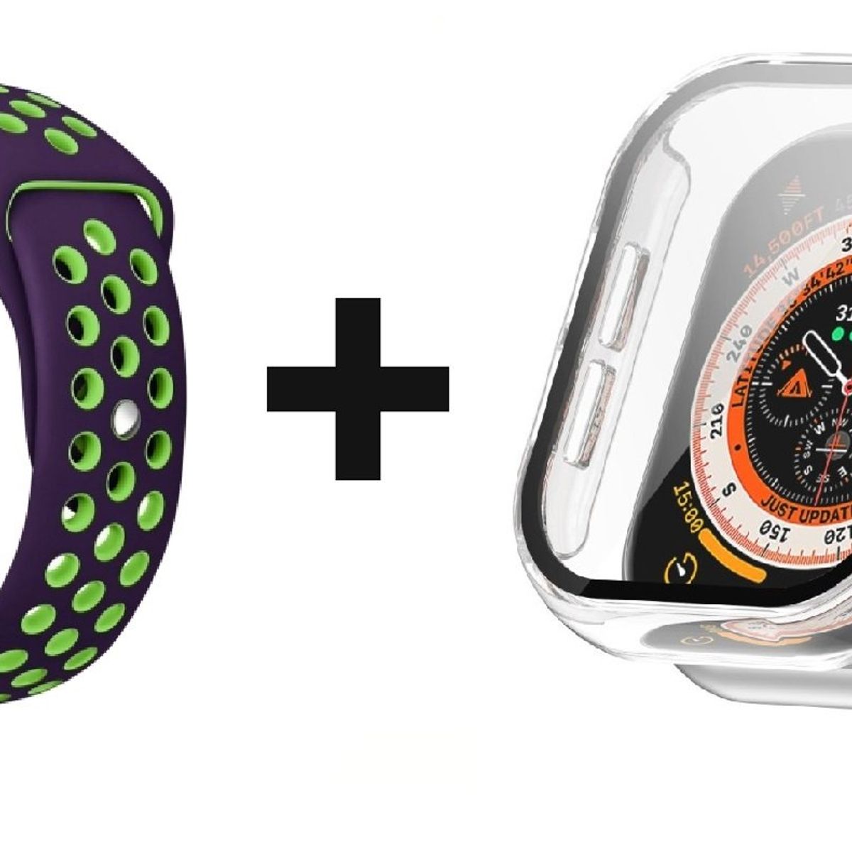 GENERICO - CORREA SILICON MORADO/VERDE 38 MM + BUMPER PARA APPLE WATCH TRANSPARENTE