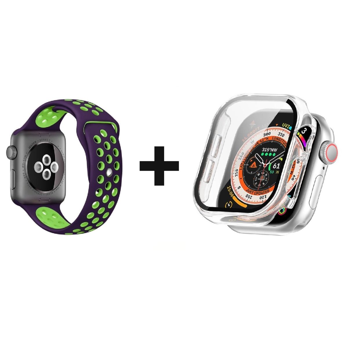 GENERICO - CORREA SILICON MORADO/VERDE 38 MM + BUMPER PARA APPLE WATCH TRANSPARENTE