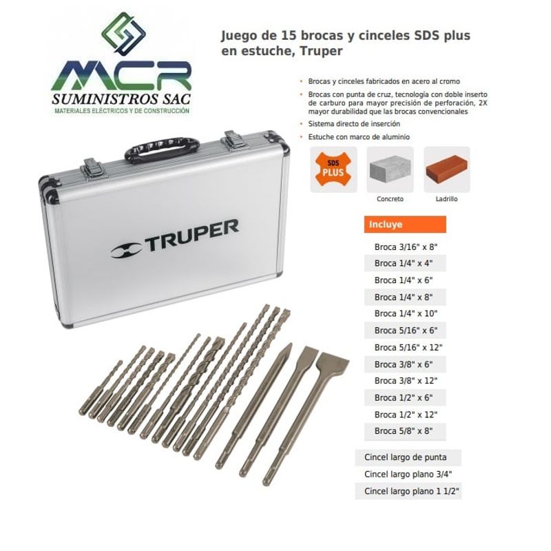 TRUPER - Juego con maleta de 15 brocas y cinceles SDS plus en estuche Truper