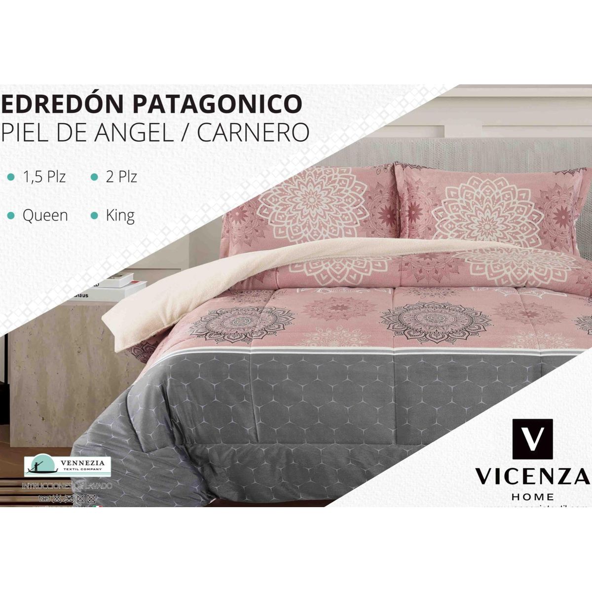 VENEZIA - Edredón 2 plazas Piel de Ángel con Carnero Sherpa + Juego de Sábanas