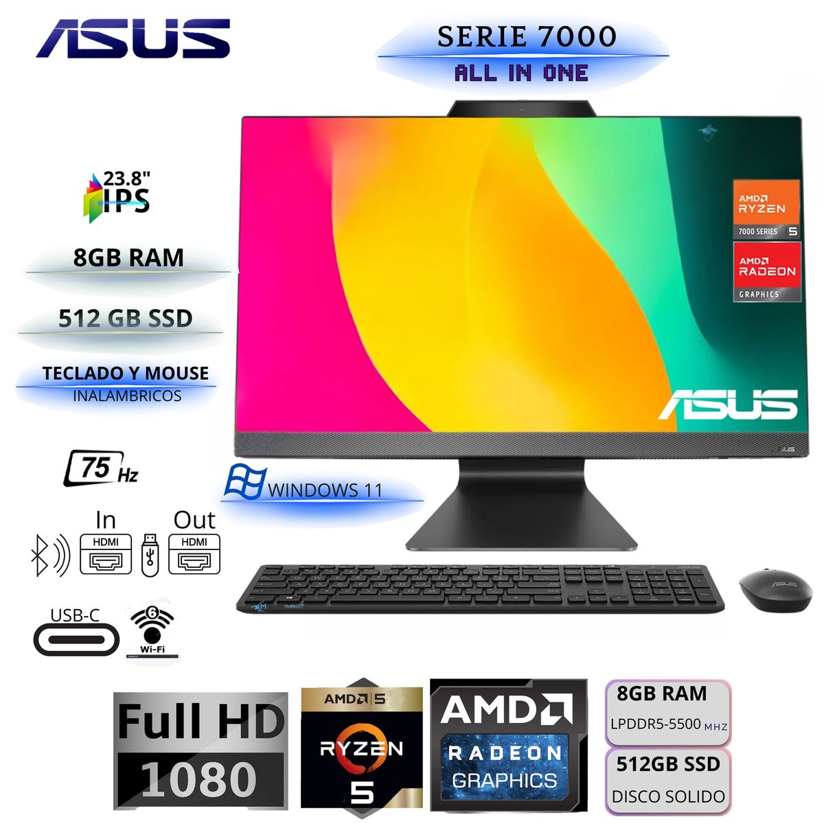 ASUS - All in one Asus Vivoaio 23.8" Windows 11 Home AMD Ryzen 5 7520U 8GB 512GB M3402