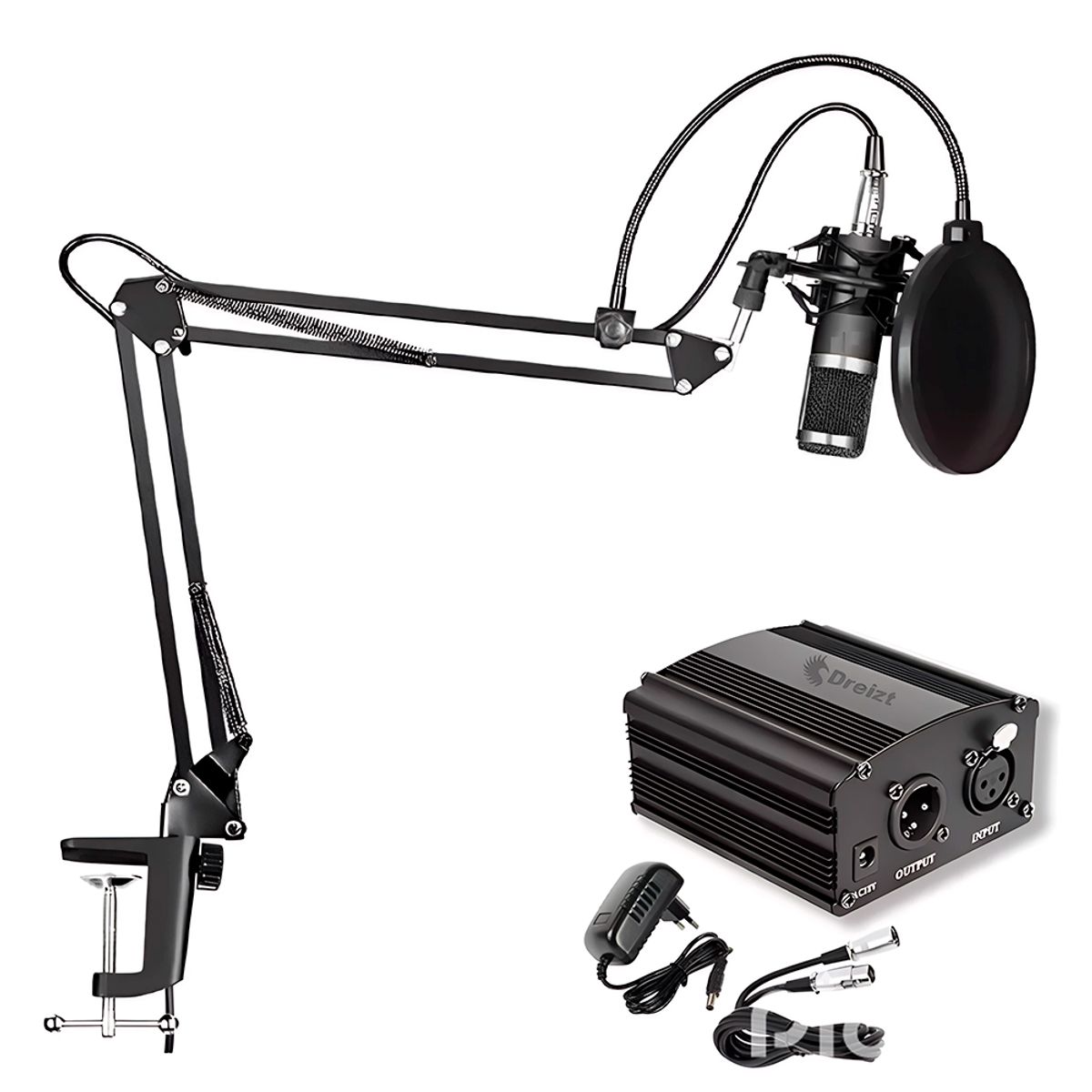 DREIZT - Combo Micrófono BM 800 Negro y Phantom power para Stream y estudio