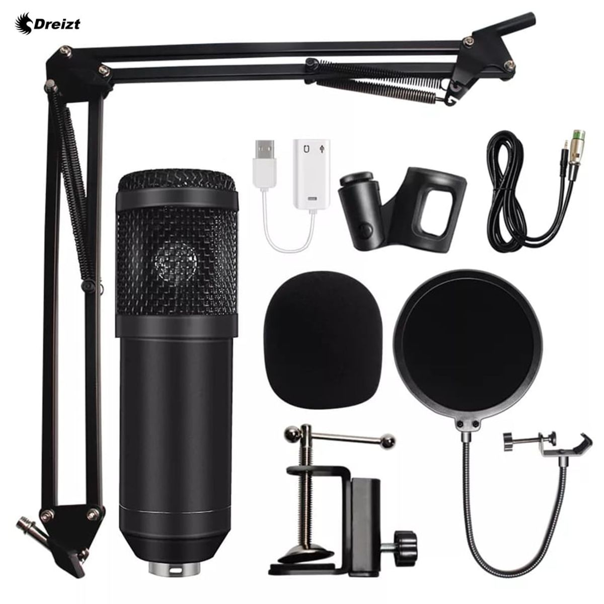 DREIZT - Combo Micrófono BM 800 Negro y Phantom power para Stream y estudio