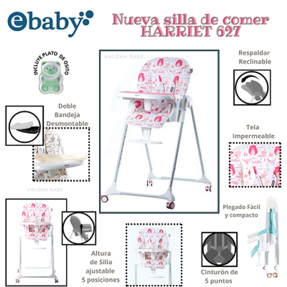 EBABY - SILLA DE COMER GRADUABLE HARRIET - ROSADO